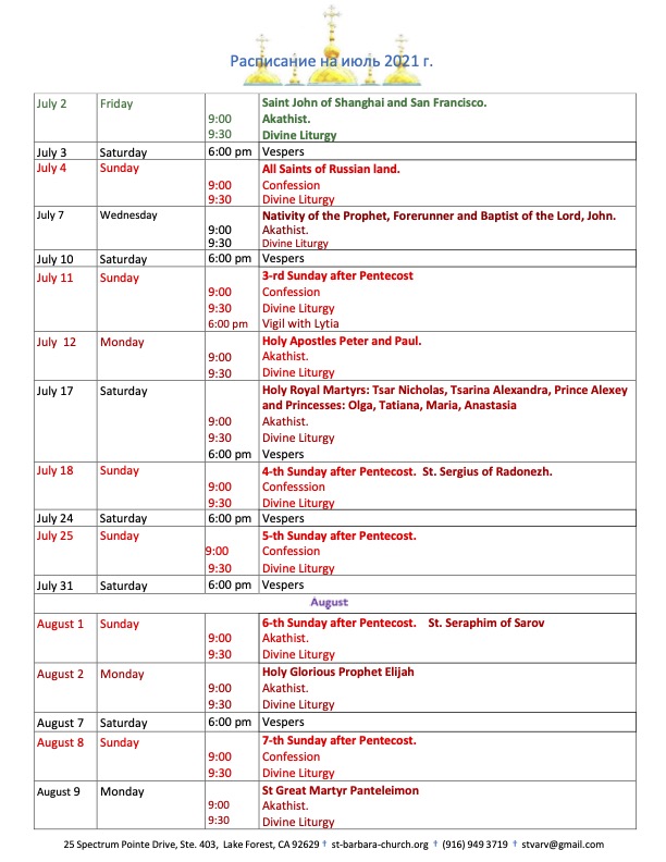 Schedule - St Barbara